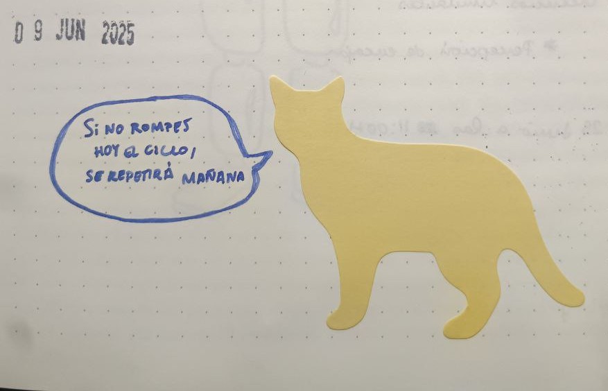 post-it de un gato diciendo si no rompes el ciclo hoy se repetirá mañana